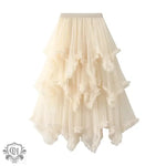 Wooden Ear Irregular Asymmetric Mesh Tiered Skirt Mid Length High Waist Big Swing Puffy Fairy Gauze Dress Long Skirt - Quality Home Clothing| Beauty