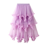 Wooden Ear Irregular Asymmetric Mesh Tiered Skirt Mid Length High Waist Big Swing Puffy Fairy Gauze Dress Long Skirt - Quality Home Clothing| Beauty