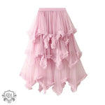 Wooden Ear Irregular Asymmetric Mesh Tiered Skirt Mid Length High Waist Big Swing Puffy Fairy Gauze Dress Long Skirt - Quality Home Clothing| Beauty