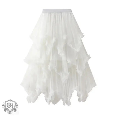 Wooden Ear Irregular Asymmetric Mesh Tiered Skirt Mid Length High Waist Big Swing Puffy Fairy Gauze Dress Long Skirt - Quality Home Clothing| Beauty