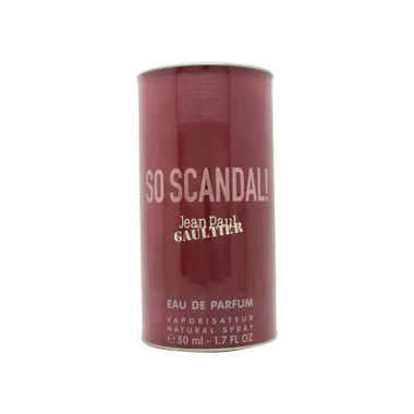 Burgundy cylindrical Jean Paul Gaultier So Scandal Parfum 50ml Spray bottle displayed