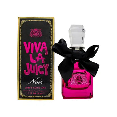 Pink and black Viva La Juicy Noir perfume bottle with a bow from Juicy Couture Viva