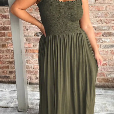 Jungle Green Shirred Bust Sleeveless Plus Size Maxi Dress - Jungle Green / 1X / 65% Polyester + 30% Viscose + 5%