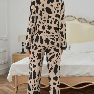 Cozy cow print pajama set perfect for relaxing in various Euro sizes