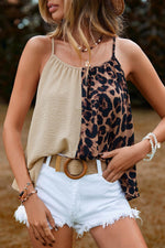 Khaki Leopard Contrast Patchwork Spaghetti Strap Tank Top in various sizes bust hem