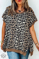 Khaki Leopard Contrast Trim Short Sleeve Loose Plus Size Top - Khaki / 1X / 95% Polyester + 5% Elastane - Plus