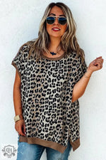 Khaki Leopard Contrast Trim Short Sleeve Loose Plus Size Top - Plus Size/Plus Size Tops/Plus Size Tops & Tees