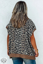 Khaki Leopard Contrast Trim Short Sleeve Loose Plus Size Top - Plus Size/Plus Size Tops/Plus Size Tops & Tees