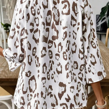 White and brown leopard print blouse with loose three-quarter sleeves in UK sizes