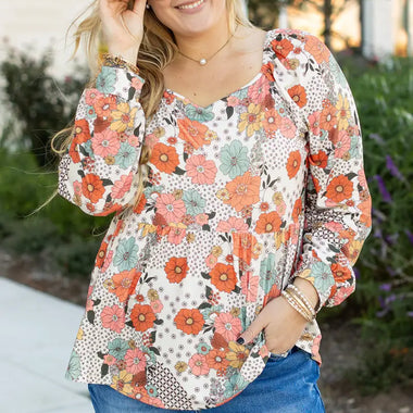 Khaki Plus Size Flower Print Square Neck Peplum Blouse - Khaki / 1X / 95% Polyester + 5% Elastane - Plus Size/Plus Size