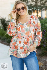 Khaki Plus Size Flower Print Square Neck Peplum Blouse - Khaki / 1X / 95% Polyester + 5% Elastane - Plus Size/Plus Size