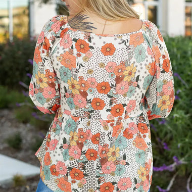 Khaki Plus Size Flower Print Square Neck Peplum Blouse - Plus Size/Plus Size Tops/Plus Size Blouses & Shirts