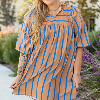 Striped tan and blue Khaki Stripe Contrast Babydoll Plus Size Dress for relaxed styling