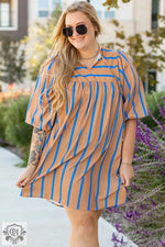 Striped tan and blue Khaki Stripe Contrast Babydoll Plus Size Dress for relaxed styling