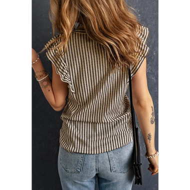 Khaki Striped Crew Neck Ruffled Tank Top - Tops/Tank Tops