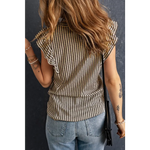 Khaki Striped Crew Neck Ruffled Tank Top - Tops/Tank Tops