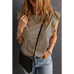 Khaki Striped Crew Neck Ruffled Tank Top - Tops/Tank Tops