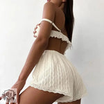 White lace two-piece Lace Hem Spaghetti-Strap Pajama Set featuring elegant design