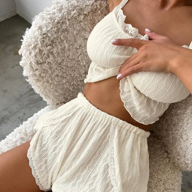 Summer Sexy Hollow Out Cutout out Pajamas Two Piece Set Lace Lace Spaghetti-Strap Vest Shorts Ladie  Homewear - Quality Home Clothing| Beauty