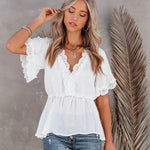 Women Clothing Lace Stitching Big V neck Short Sleeve Strap - Quality Home Clothing| Beauty