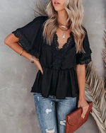 Women Clothing Lace Stitching Big V neck Short Sleeve Strap - Quality Home Clothing| Beauty