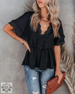 Women Clothing Lace Stitching Big V neck Short Sleeve Strap - Quality Home Clothing| Beauty