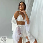 Autumn Winter Sexy Suspender Underwear Lace Stitching Nightgown Silk-like Satin Three Piece Set Ladie  Homewear Sleep - Quality Home Clothing| Beauty