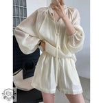 Summer Sports Casual Lace-up Long Sleeve Sun Protection Clothing Wide Leg Shorts Suit Two-Piece Set - Quality Home Clothing| Beauty