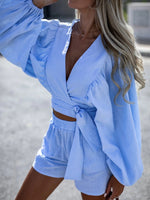 Lace-Up Top & Matching Shorts - S / Blue - Clothing