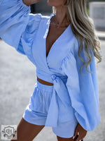 Lace-Up Top & Matching Shorts - S / Blue - Clothing