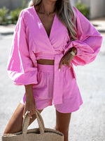 Lace-Up Top & Matching Shorts - S / Pink - Clothing