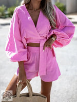 Lace-Up Top & Matching Shorts - S / Pink - Clothing