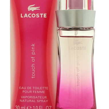 Pink Eau Lacoste Touch perfume bottle with silver cap and box packaging, 30ml Sprej