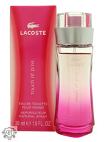 Pink Eau Lacoste Touch perfume bottle with silver cap and box packaging, 30ml Sprej