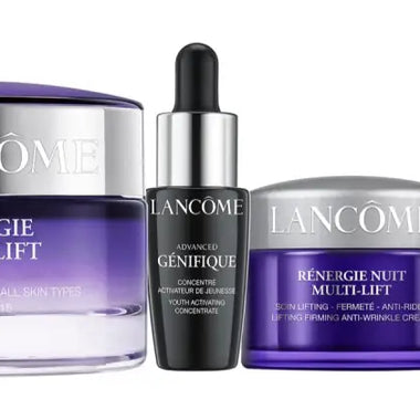 Purple Lancôme Rénergie Multi-Lift skincare collection with eye cream, day cream, and night cream