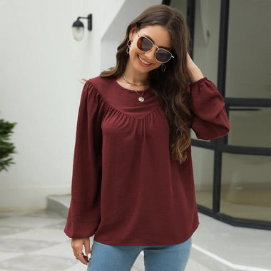 Autumn Solid Color Pullover Lantern Sleeve Chiffon Shirt Top - Quality Home Clothing| Beauty