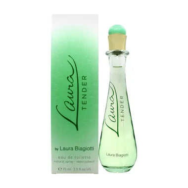 Green-tinted glass perfume bottle labeled Laura with matching box for Laura Biagiotti Laura