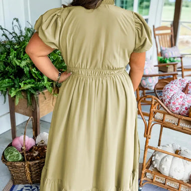 Olive green midi dress, Laurel Green Notched V Neck Puff Sleeve Tiered Plus Size Maxi Dress