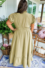 Olive green midi dress, Laurel Green Notched V Neck Puff Sleeve Tiered Plus Size Maxi Dress