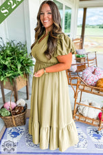 Olive green plus size maxi dress featuring notched V neck and puff sleeves for relaxed style