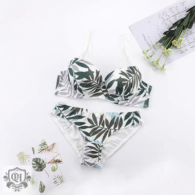 Leaf Pattern Push-Up Bra Set - Clothing