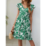 Summer Popular Leaf Printed Dress V Neck Ruffled Sleeve Casual Holiday Dress - Quality Home Clothing| Beauty