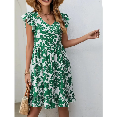 Summer Popular Leaf Printed Dress V Neck Ruffled Sleeve Casual Holiday Dress - Quality Home Clothing| Beauty