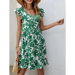 Summer Popular Leaf Printed Dress V Neck Ruffled Sleeve Casual Holiday Dress - Quality Home Clothing| Beauty