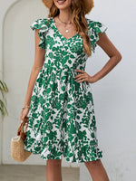 Summer Popular Leaf Printed Dress V Neck Ruffled Sleeve Casual Holiday Dress - Quality Home Clothing| Beauty