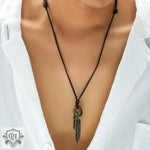 Vintage Fashion Leather Chain with Feather and Cross Design Versatile Pendant Necklace -  QH Clothing