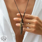 Vintage Fashion Leather Chain with Feather and Cross Design Versatile Pendant Necklace -  QH Clothing