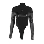 Knitted Turtleneck Leather Stitching Long Sleeve Tight Sexy All Matching Sexy Autumn Jumpsuit - Quality Home Clothing| Beauty