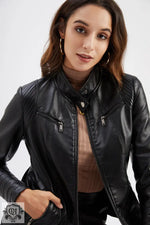 Slim Fit Leather Jacket with Zipper - QH Clothing