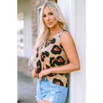 Leopard Button Neck Chest Pocket Tank Top - Tops/Tank Tops